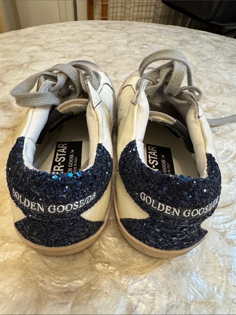 Golden Goose Sneakers with Navy Blue Glitter Heel Accents